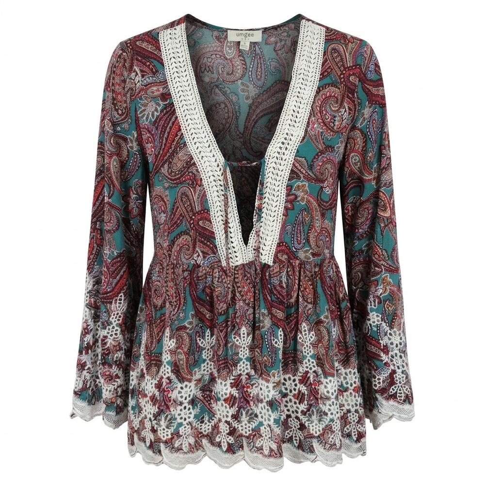Umgee Paisley Lace Trim V-Neck Long Sleeve Blouse Tunic Women Size S